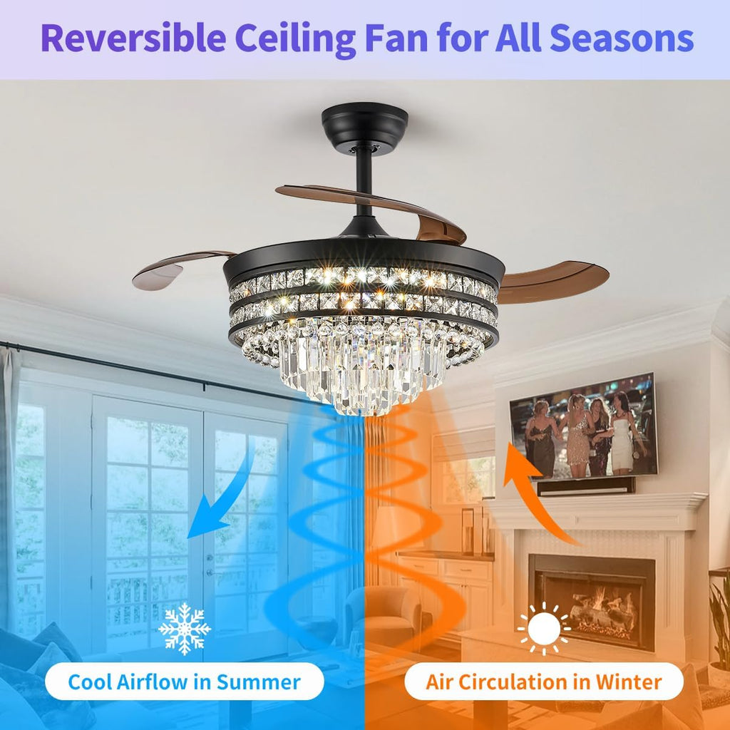 RGB Retractable Fandelier Ceiling Fans with Light and Remote/App, 42' Modern Crystal LED Chandelier Fan, Bladeless Lighting & Ceiling Fans Bedroom, Kitchen | Ventilador de Techo Con Luz, Black