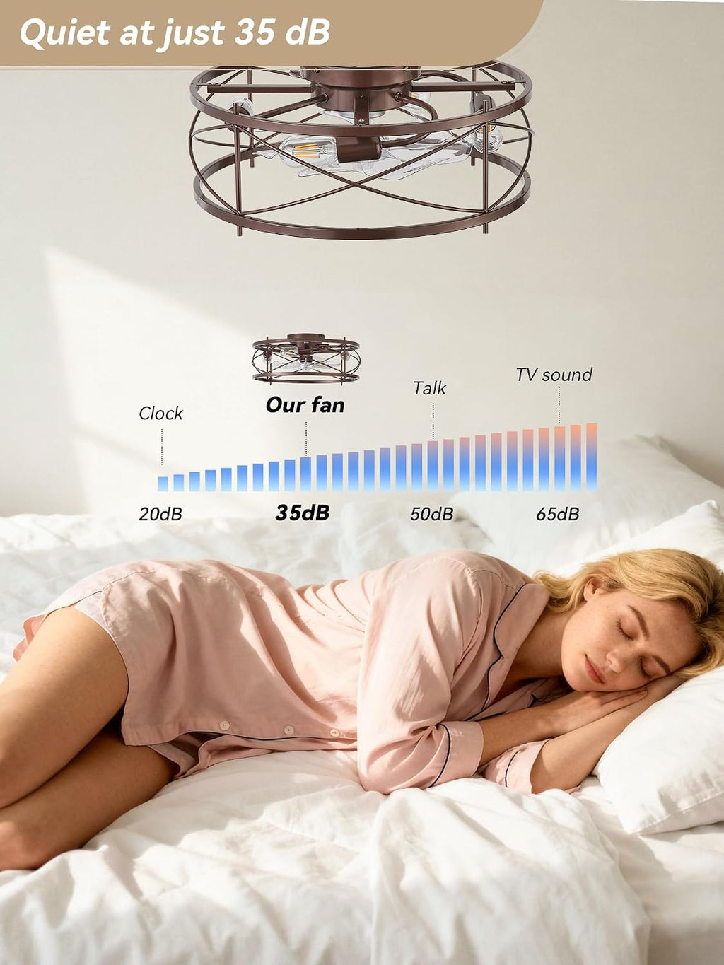 20' Brown Ceiling Fan with Light Flush Mount, Farmhouse Caged Ceiling Fans with Lights and Remote, Bladeless Low Profile Ceiling Fan with 6 Speeds for Bedroom, Living Room, Nursery