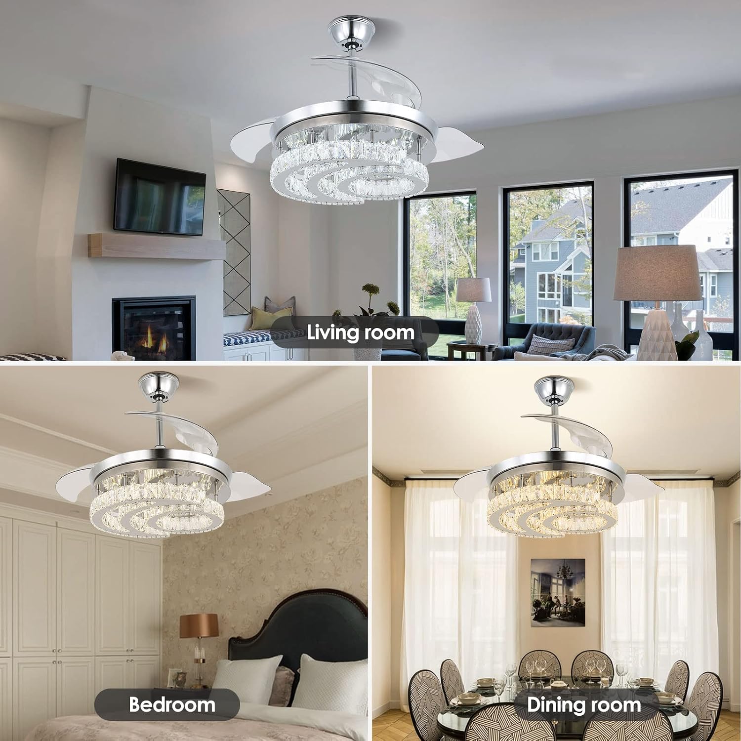 FRIXCHUR 42' Dimmable Fandelier Led Crystal Chandelier Ceiling Fans with Lights and Remote Moon Shape Retractable Chandelier Ceiling Fan for Bedroom Living Room Dining Room 30W*2