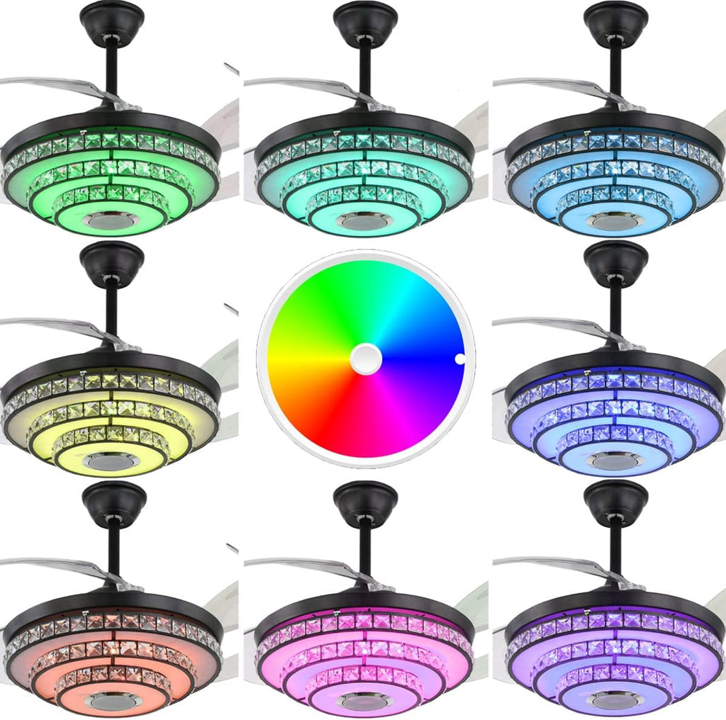 42' Retractable Fandelier Ceiling Fans with Lights Remote Control, Modern Crystal Chandelier with Bluetooth Speaker Reversible Silent Motor 7 Colorul Lighting 6 Speed for Living Room Bedroom