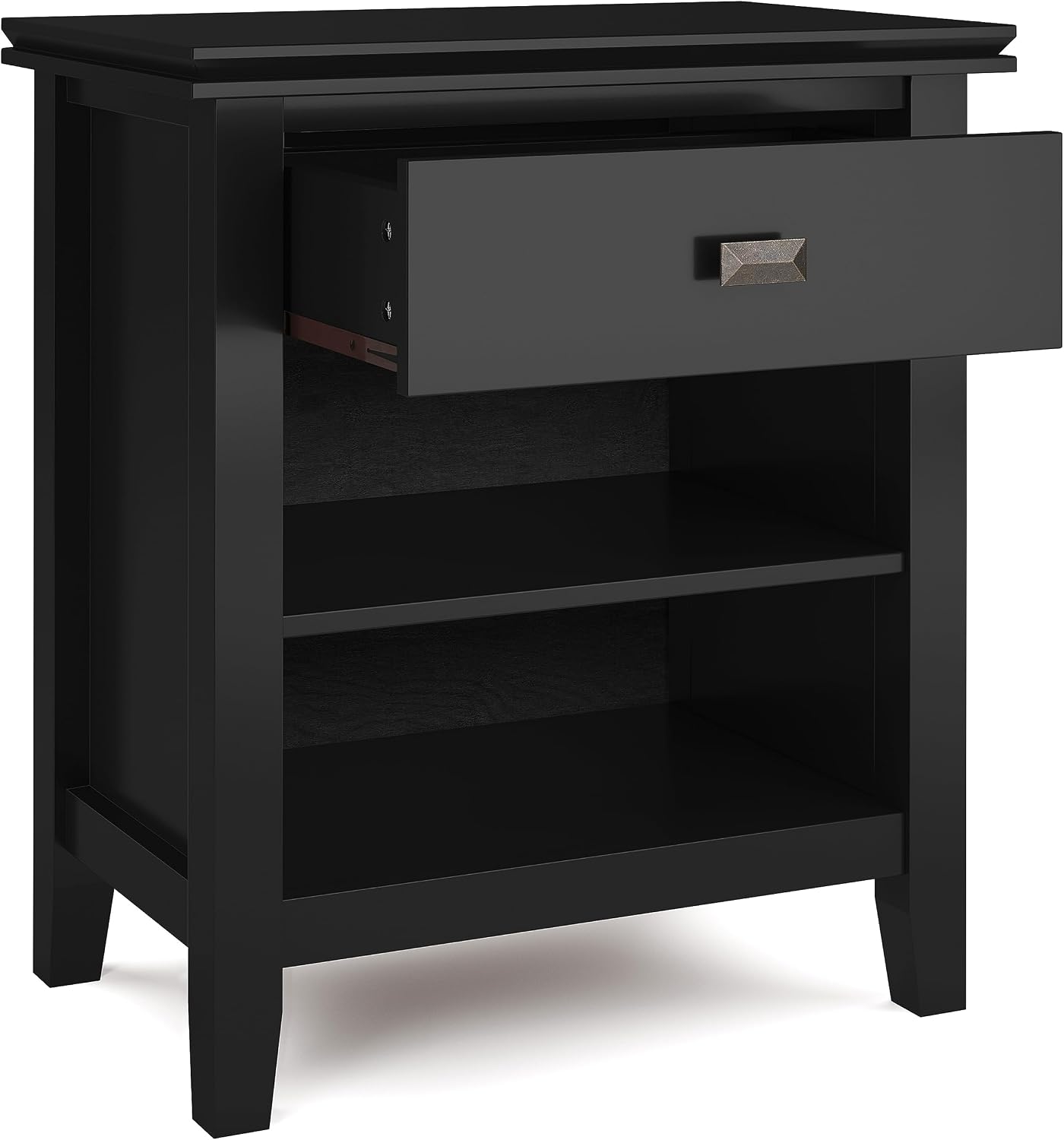 SIMPLIHOME Artisan Bedside Table - 24 inch Wide Solid Wood Nightstand Table in Black, Contemporary Bedroom Side or End Table with 1 Drawer, Open Shelf Storage and Bronze Knobs