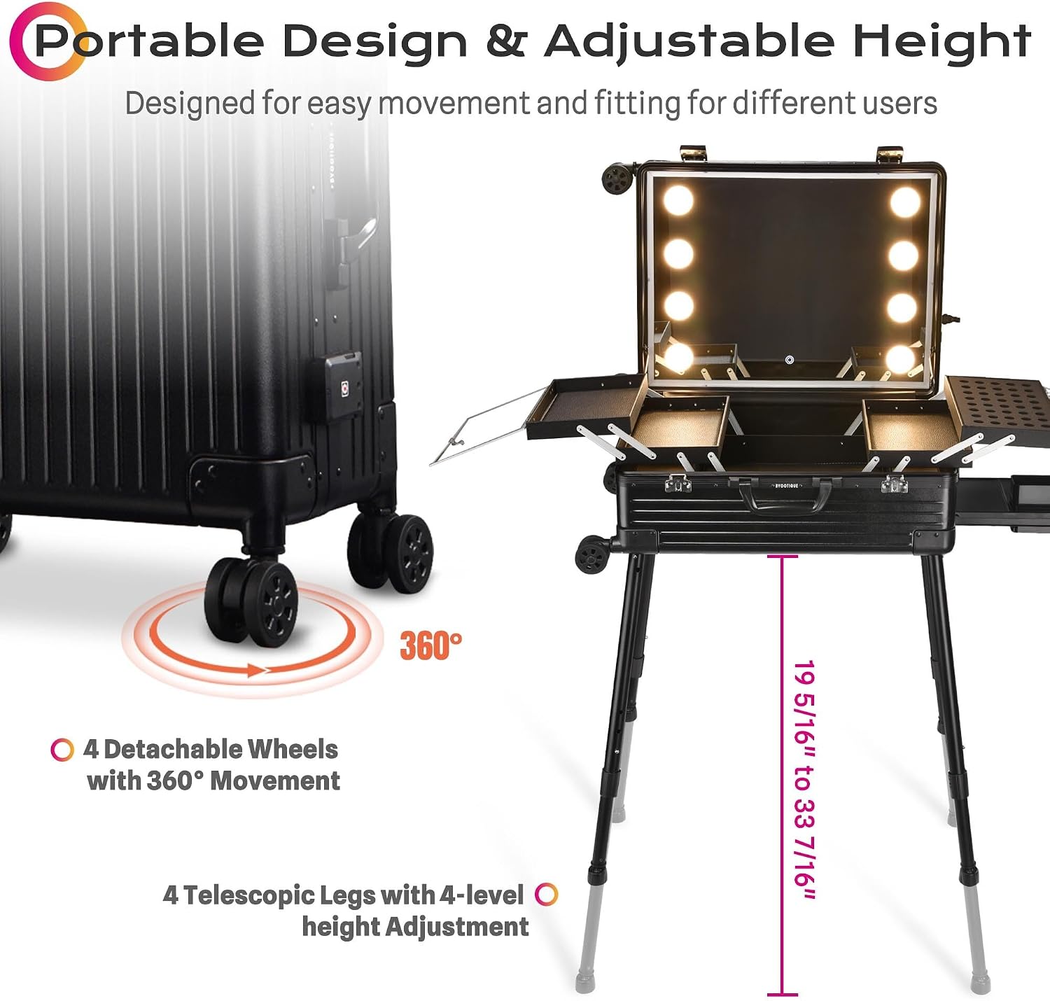 BYOOTIQUE Rolling Makeup Case with LED Lighted Mirror 24 Inch Professional Cosmetic Organizer Storage Travel Aluminum Trolley Case with Extendable Tray Adjustable Leg For Makeup Artist Studio Salon