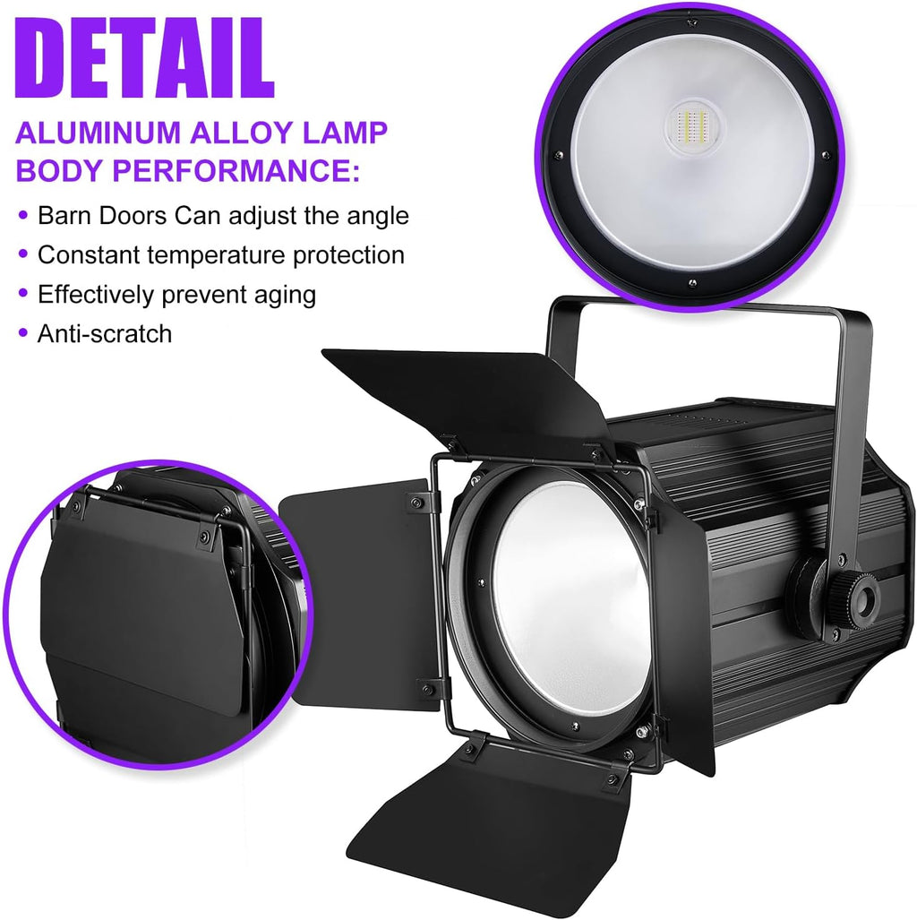 COB Stage Lights with Barn Doors, COB Par Light 200W LED 3500~7500K Warm White & White, DMX512 Master-Slave Sound DJ Lighting Spotlight Fresnel for Church Concert Wedding (2-Colors Style, 2)