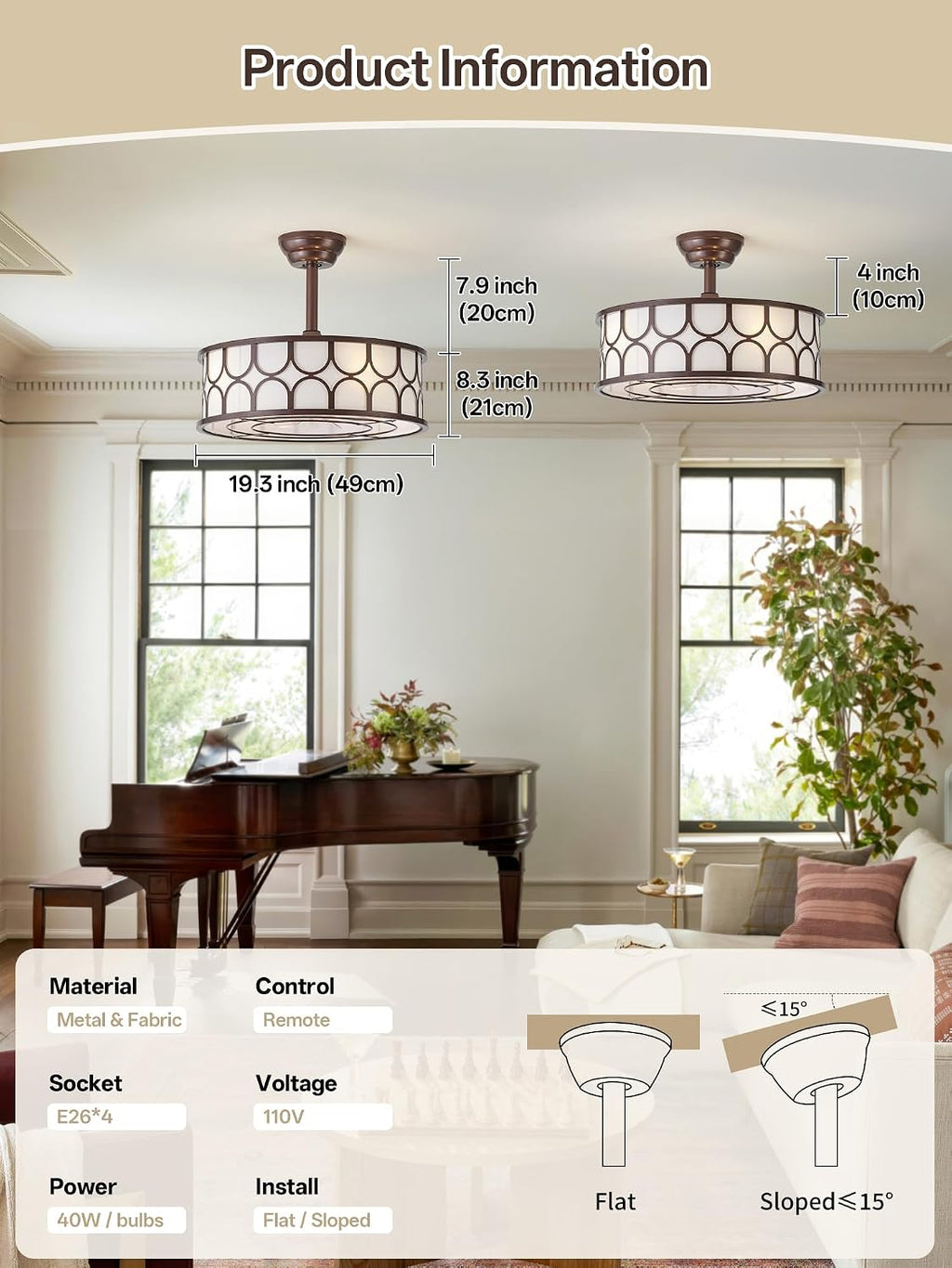 20' Brown Boho Fandelier Ceiling Fan with Lights, Caged Bladeless Ceiling Fan with Light Remote Control, Chandelier with 6 Speeds for Bedroom, Nursery, Living Room