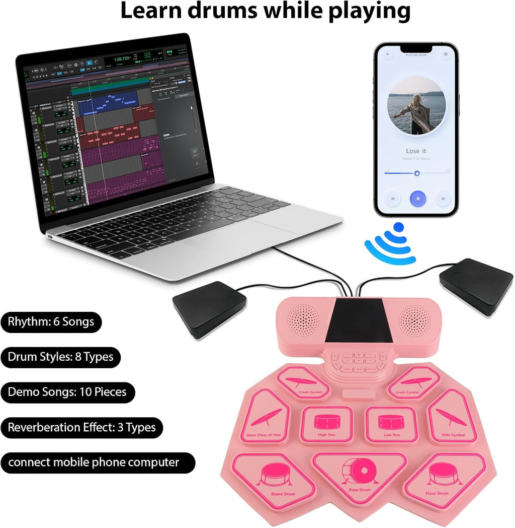Eujgoov DM300 Dual Speaker Color Electronic Drums Extra Thick Percussion Pad Silicone Hand Rolled Electronic Drums 9 DrumPads with Mallet Foot Pedal MIDI Phantom Light Function (Pink)