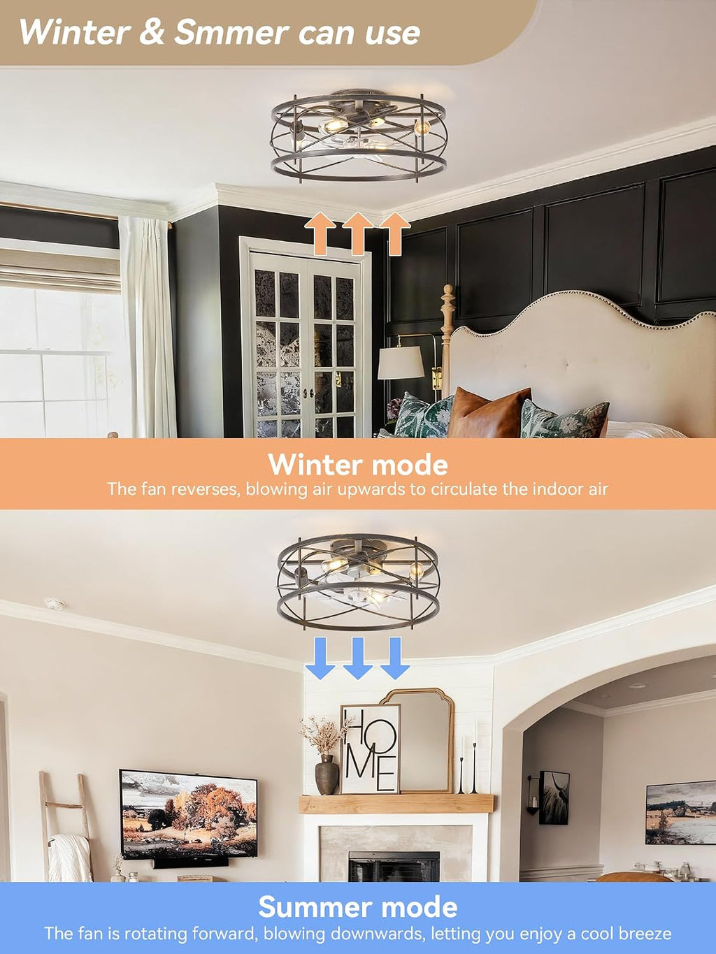 20' Rustic Ceiling Fan with Light Flush Mount, Farmhouse Caged Ceiling Fans with Lights and Remote, Bladeless Low Profile Ceiling Fan with 6 Speeds for Bedroom, Living Room, Nursery