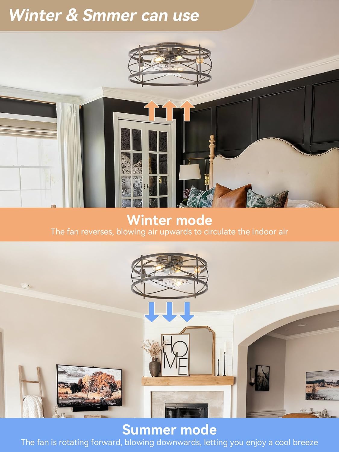 20' Rustic Ceiling Fan with Light Flush Mount, Farmhouse Caged Ceiling Fans with Lights and Remote, Bladeless Low Profile Ceiling Fan with 6 Speeds for Bedroom, Living Room, Nursery