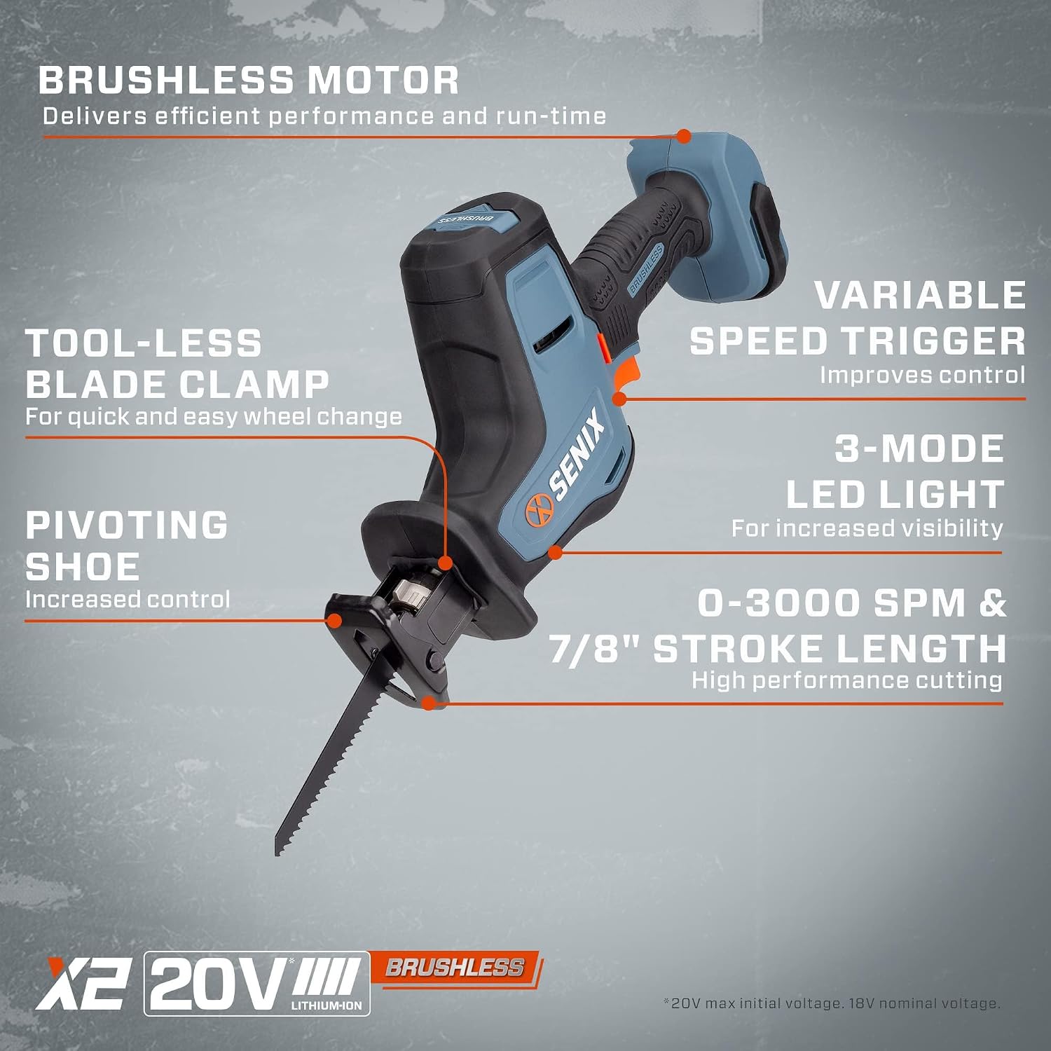 SENIX PSRX2-M2-0 X2 20 Volt Max* 7/8-Inch Compact Reciprocating Saw Power Tool Set, Variable Speed, 3000 SPM Max, Tool-Less Blade Clamp, 3-Mode LED Light, Tool Only, Battery Not Included