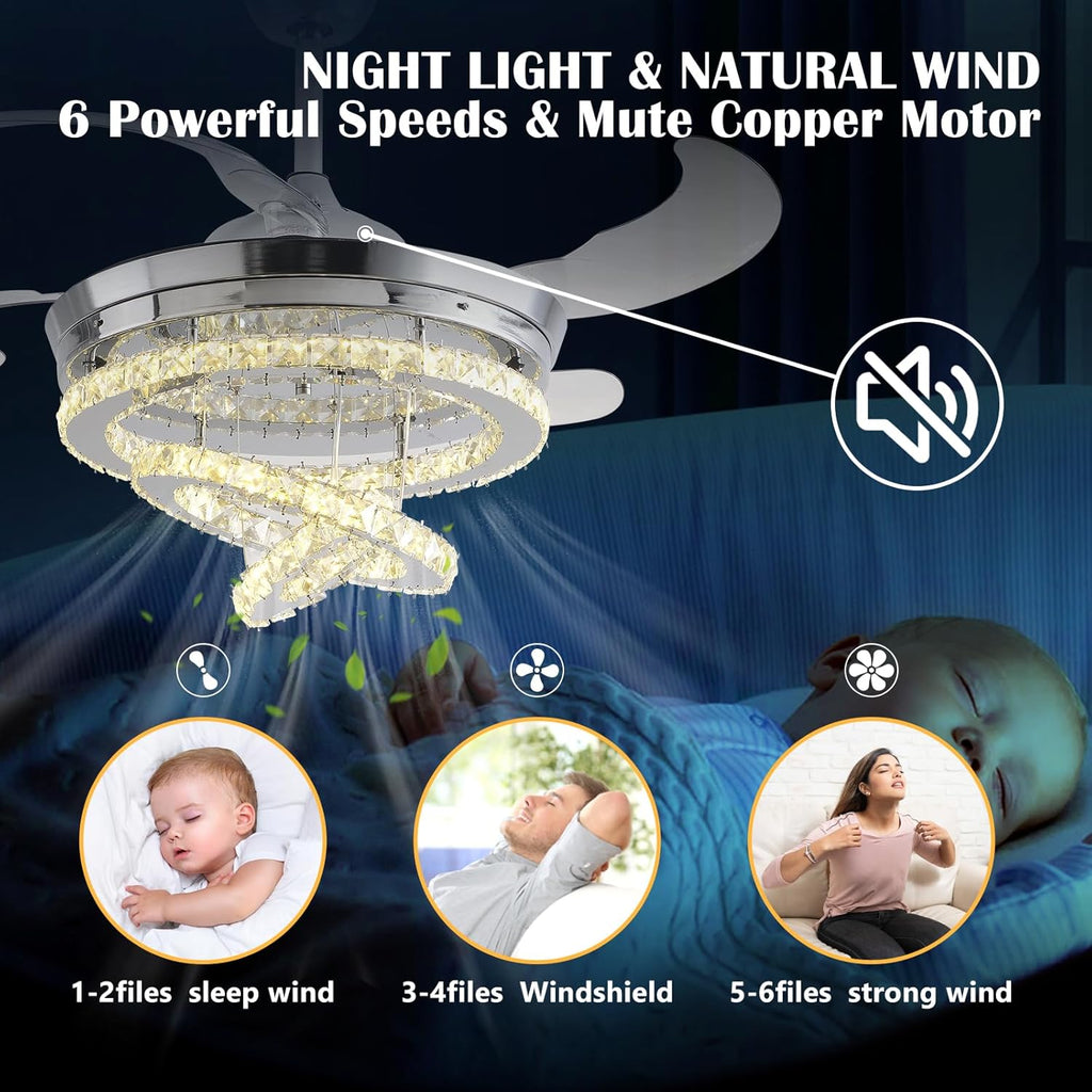 42' Crystal Ceiling Fan with Lights,Modern DIY Crystal Chandelier Ceiling Fan with Remote Control,Invisible Retractable Ceiling Fan for Living Room Bedroom Dining Room (Small Crystal, Silver)