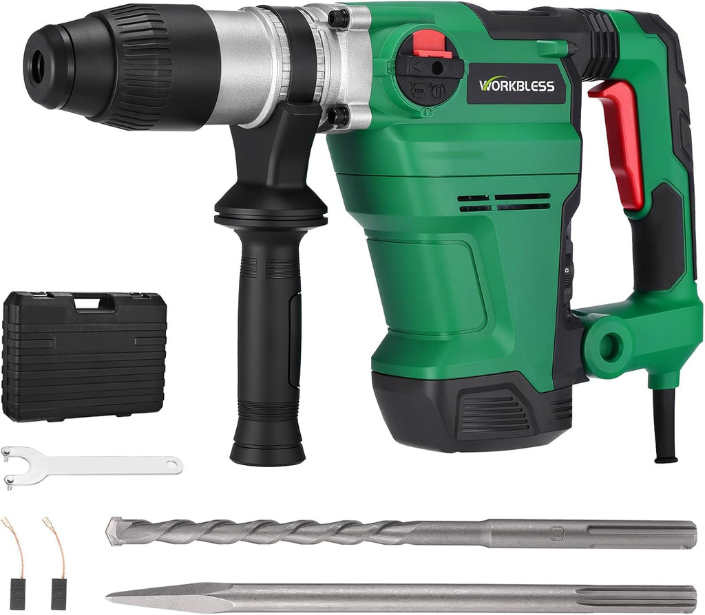 SDS Max Rotary Hammer Drill, 1-1/2 Inch 13 Amp Heavy and Duty Corded Concrete Demolition Hammer with 3 Functions, 6 Variable Speed, Safety Clutch, Vibration Control, 2 Chisels