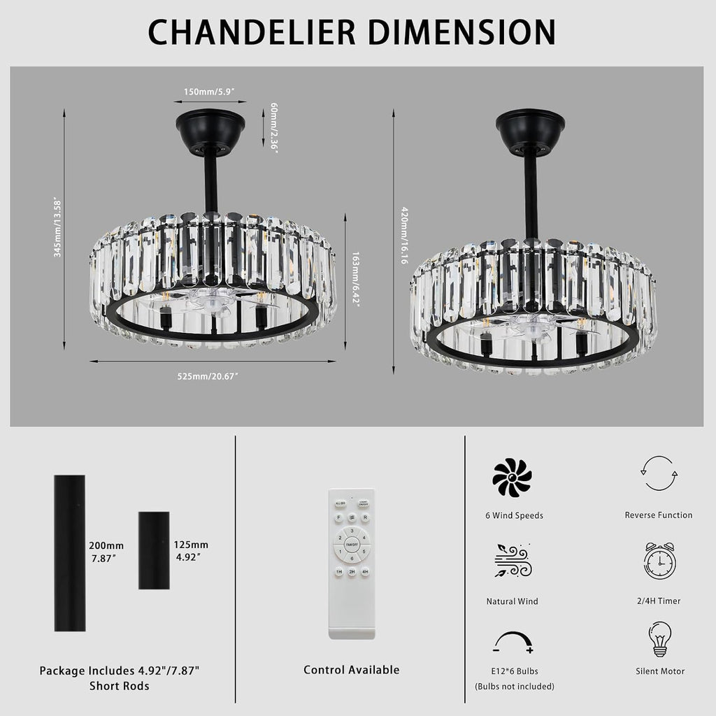 FRIXCHUR Crystal Caged Ceiling Fan with Lights and Remote 20.7 Inch Black Fandelier Semi Flush Mount 6 Speed Reversible Chandelier for Dining Bedroom Living Room Kitchen E12 x 6 Bulbs Not Included