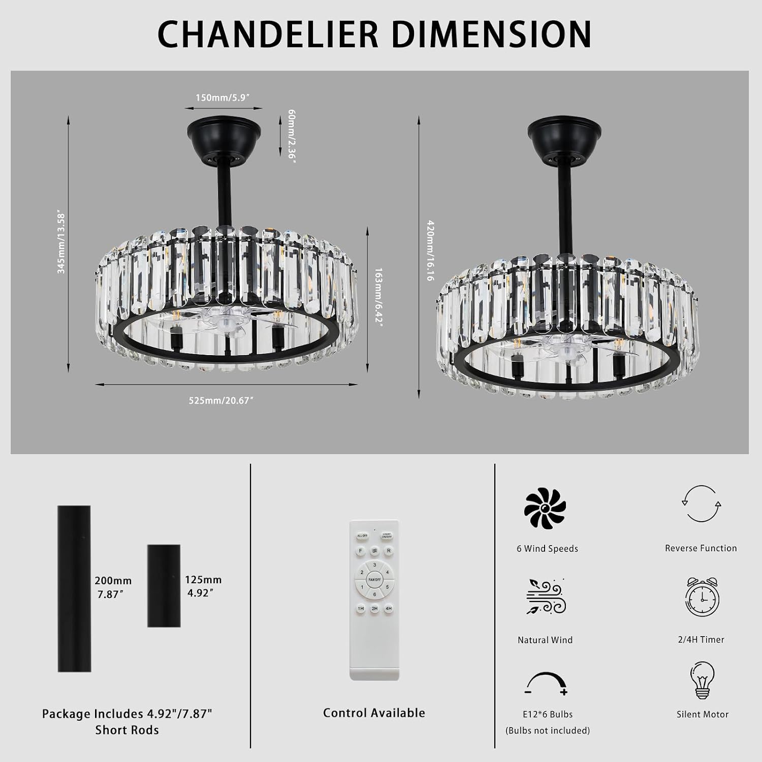 FRIXCHUR Crystal Caged Ceiling Fan with Lights and Remote 20.7 Inch Black Fandelier Semi Flush Mount 6 Speed Reversible Chandelier for Dining Bedroom Living Room Kitchen E12 x 6 Bulbs Not Included