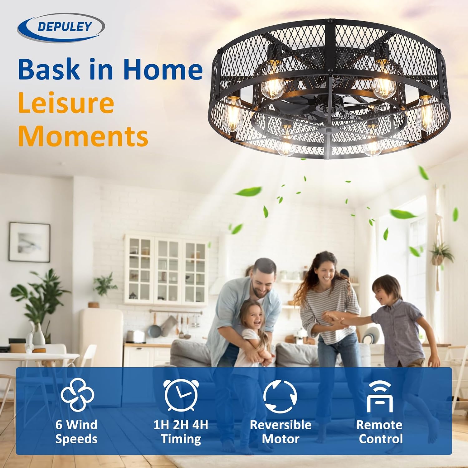 Depuley Low Profile Ceiling Fan: 26' Flush Mount Ceiling Fan Lights Reversible - Industrial Caged Ceiling Fans Light Fixture 6 Speeds for Bedroom Kitchen Black E26 Base Bulbs Not Included
