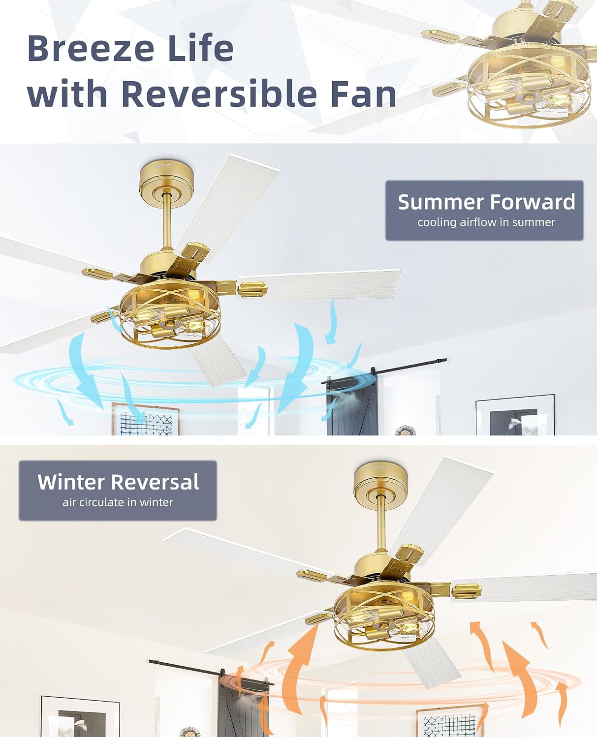 YOUKAIN 48 Inch Ceiling Fans with Lights, Farmhouse Ceiling Fans with Wall Switch and Remote Control, 5-Reversible, Gold Finish, Outdoor Ceiling Fan for Cover Patio, 48-YJ632-GDW-WS