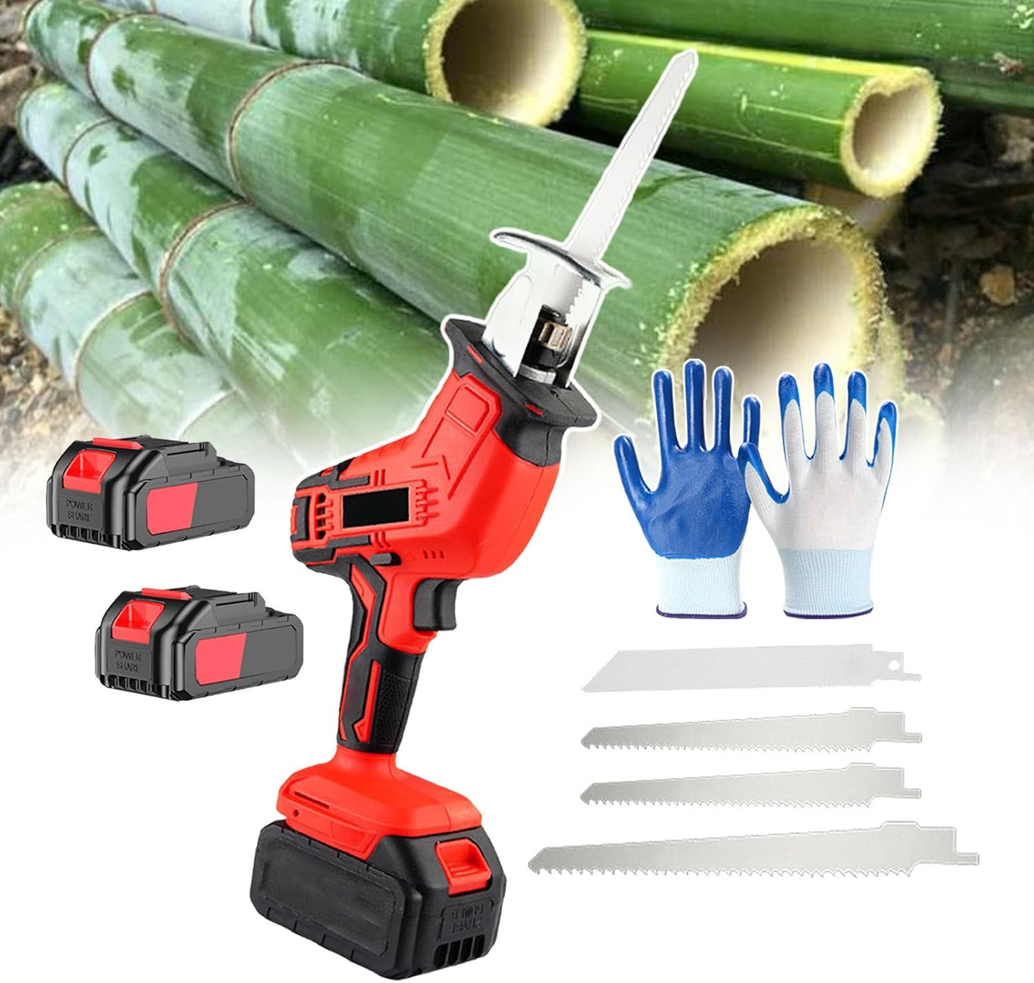 Cordless Reciprocating Saw, 21V Handheld Electric Saws, with 2 Batteries, 4 Pcs Saw Blades, 12 Pairs of Gloves, Fast Charger, for Wood Metal PVC Cutting