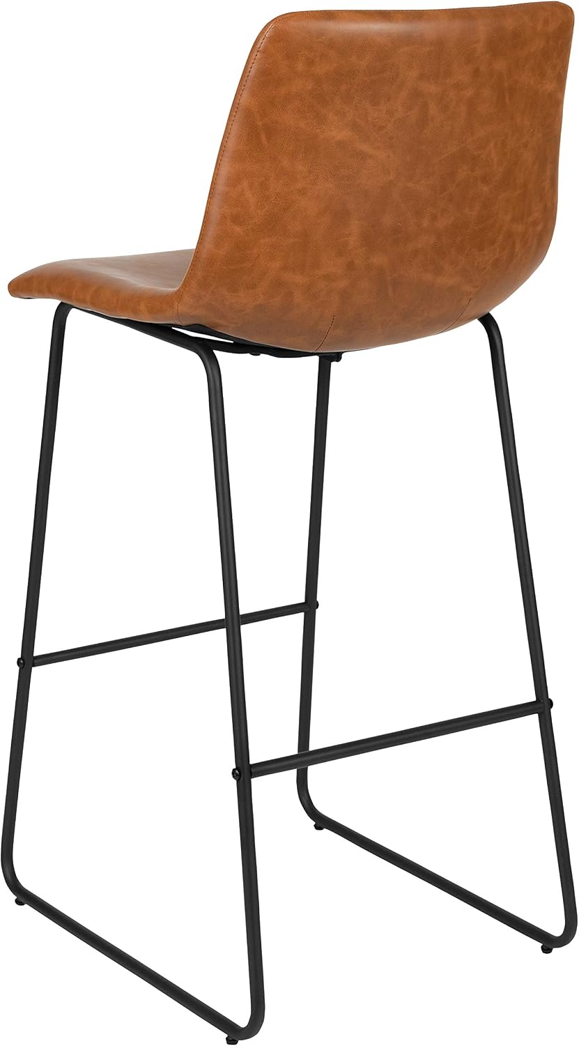 Flash Furniture Reagan 30' LeatherSoft Barstools with Footrest, Mid-Century Modern Bucket Style Bar Height Stools, Set of 2, Light Brown