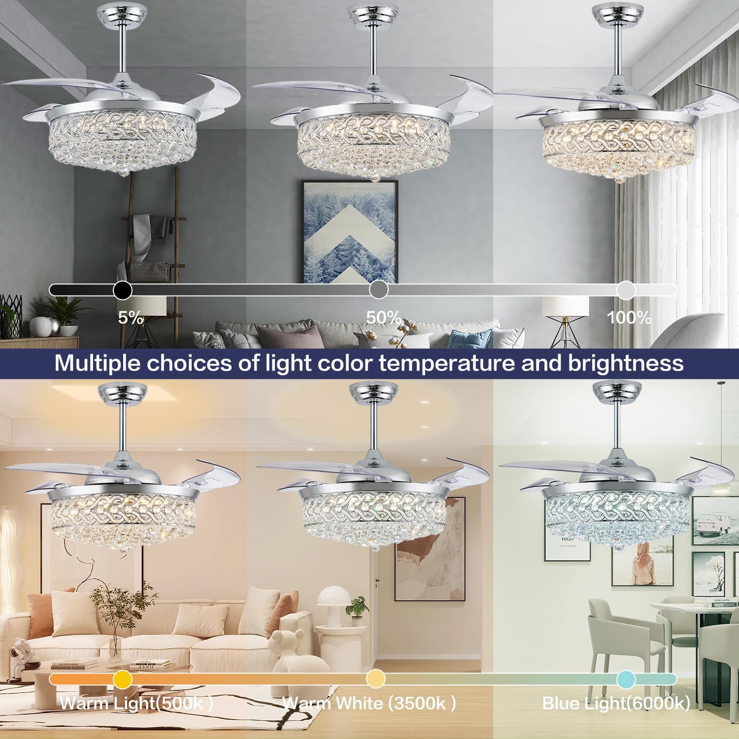 DuMaiWay 52' Dimmable Chandelier Ceiling Fan, Fandelier, Modern Crystal Retractable Invisible Blade LED Lighting with Remote Control for Bedroom Dining Room Living Room 6 Speed