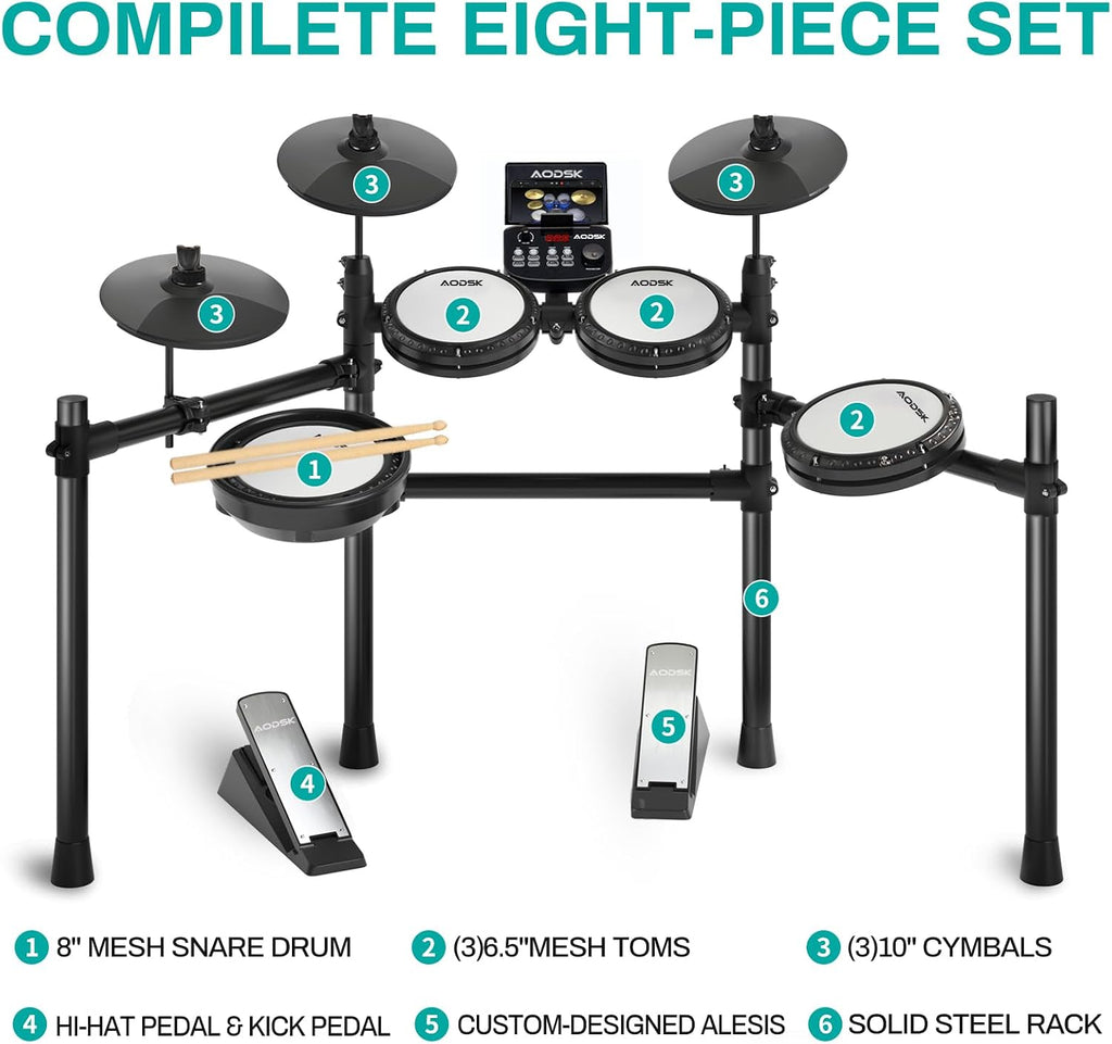 AODSK Electronic Drum Set, Professional Mesh Drum Pads, Upgraded Sound Module (260 sounds/30 Kits/20 Songs),Includes Sticks,Headphones,drum throne (2025 New Upgraded)