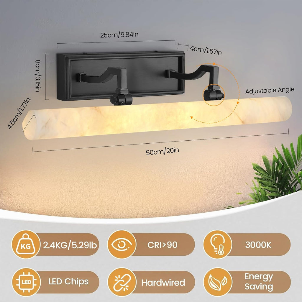 Alabaster Picture Lights for Wall, 20in Spanish Marble Picture Light Hardwired, Black Vanity Lights for Bathroom, Dimmable Modern Wall Lighting Gallery Light for Paintings, Bookshelf, Poster Display