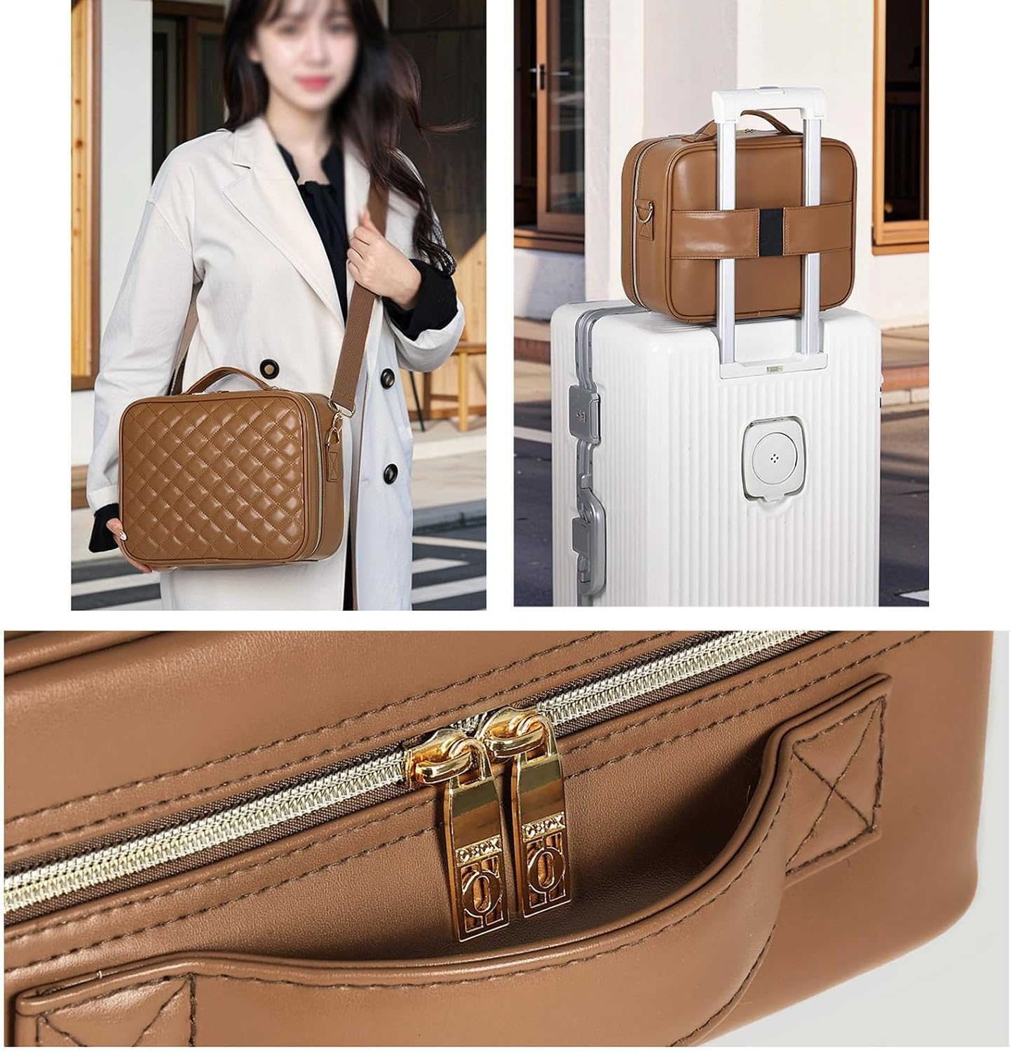 HJXGQJM Travel Makeup Bag with Led Light Mirror, Large Capacity Cosmetic Organizer Vanity Travel Case for Make Up with Adjustable Compartment，Tri-Colour Light Source