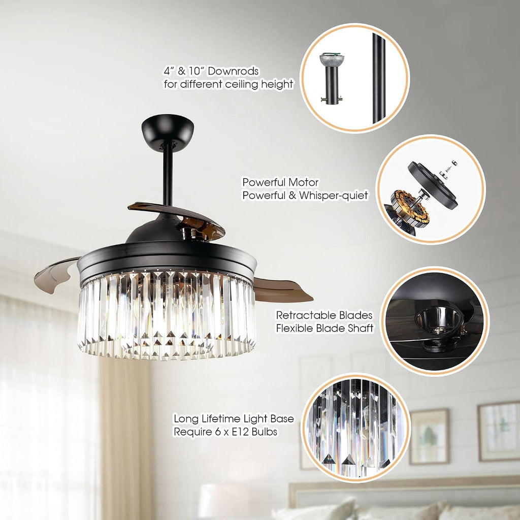 Parrot Uncle Ceiling Fans with Lights and Remote Black Chandelier Ceiling Fan with Light for Bedroom, Retractable Blades, 42 Inch