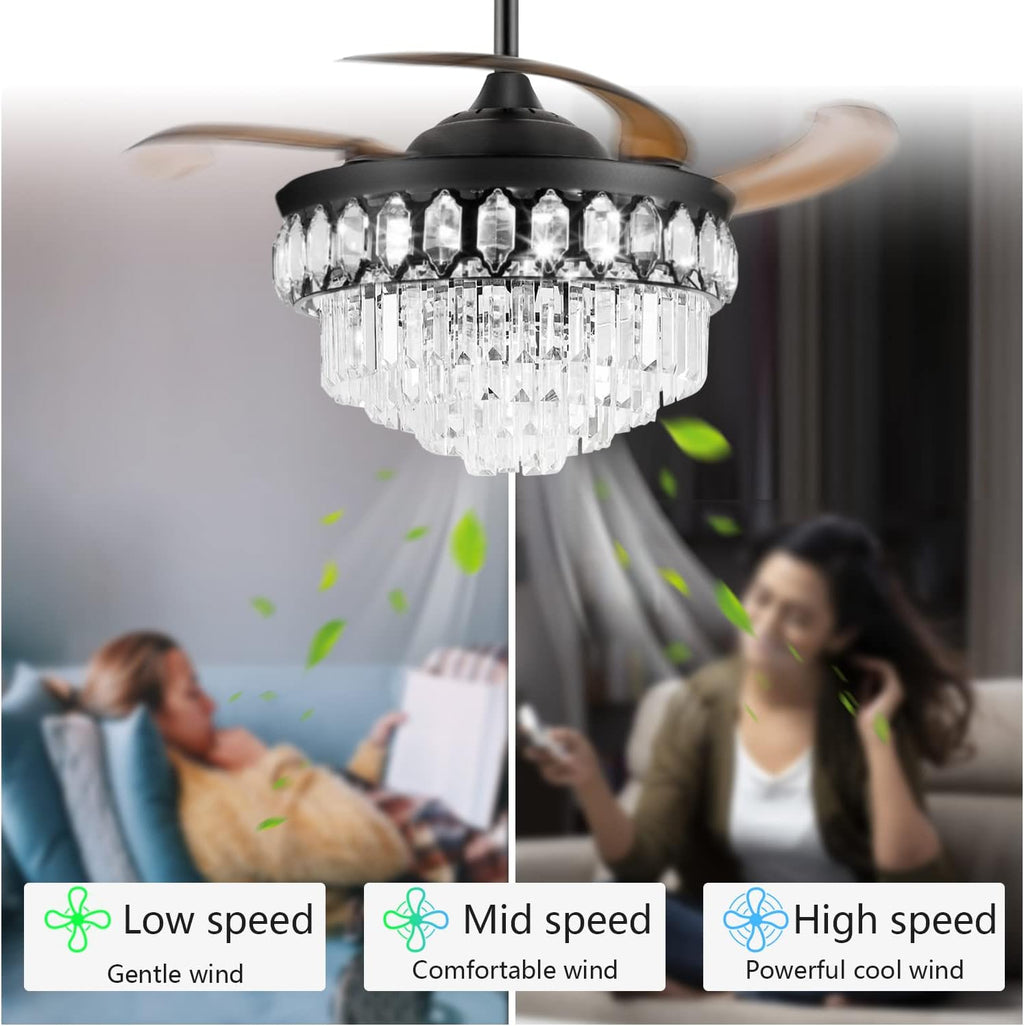 RuiWing 42' Crystal Ceiling Fans with Lights Retractable Blades LED Chandelier Remote Control 3 Different Lighting Mode Dimmable Fandelier for Bedroom Living Room