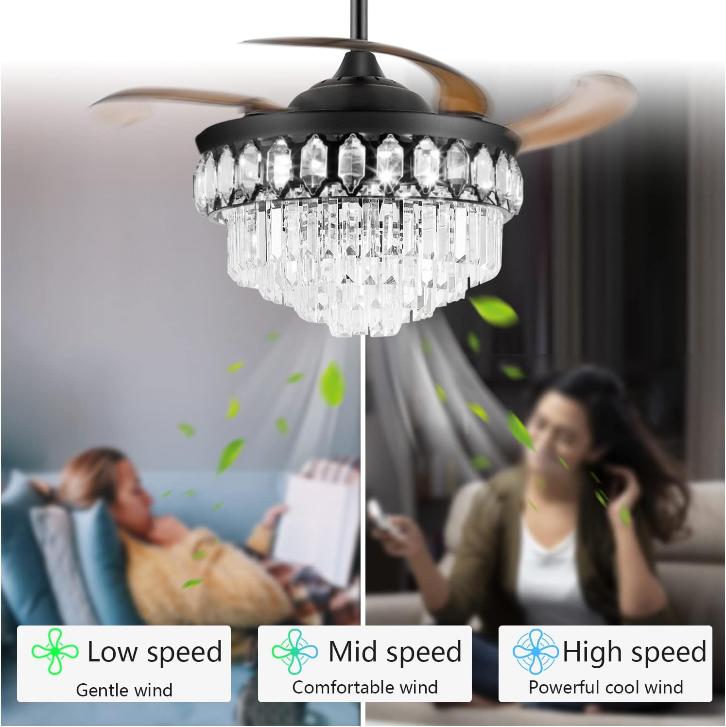 RuiWing 42' Crystal Ceiling Fans with Lights Retractable Blades LED Chandelier Remote Control 3 Different Lighting Mode Dimmable Fandelier for Bedroom Living Room