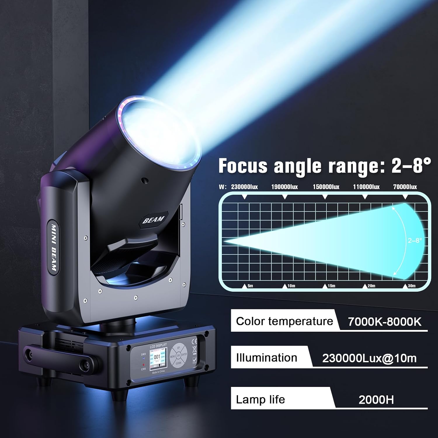 230W 7R Moving Head Stage Lights,14 Gobos 14 Colors Prisms/Wash/Beam/Frost/Rainbow Stage Effect Spotlights,48-Facet Prism 2.3° Beam Angle 18CH DMX512 Sound Activated Lights