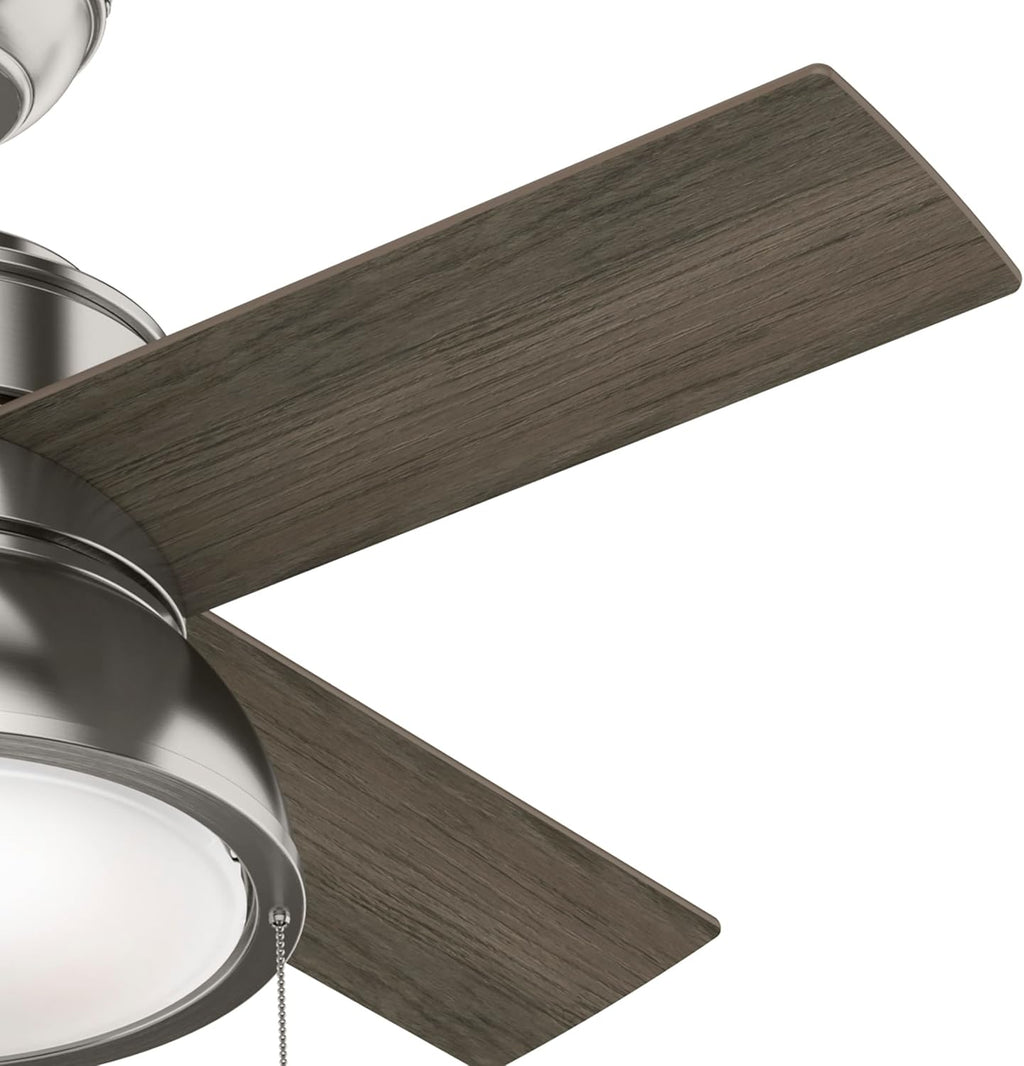 Hunter 36 inch Small Indoor Ceiling Fan with LED Light and Pull Chain - Standard Mount Ceiling Fan, 4 Blades, For Bedroom, Home Office, or Laundry Room, Quiet - Loki 51040, Brushed Nickel
