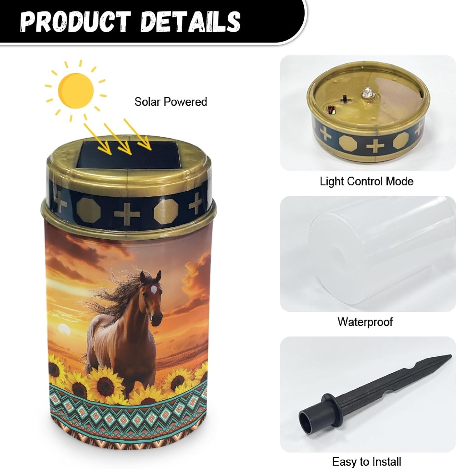 Western Aztec Horse Solar Light for Garden Yard,Horse Solar Pathway Lights Outdoor Waterproof Landscape Lighting Solar Lantern Flameless Warm White Lights Sunflower