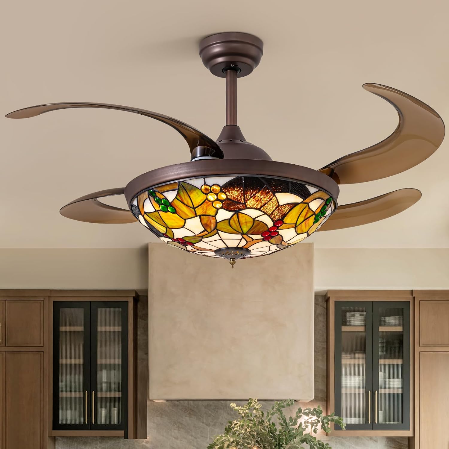 48' Tiffany Ceiling Fan with Light Colorful Fandelier Vintage Chandelier Fan 48 Inch Stained Glass Ceiling Fan Retractable Blades Vintage Fandelier with Tiffany Light for Bedroom Living Room