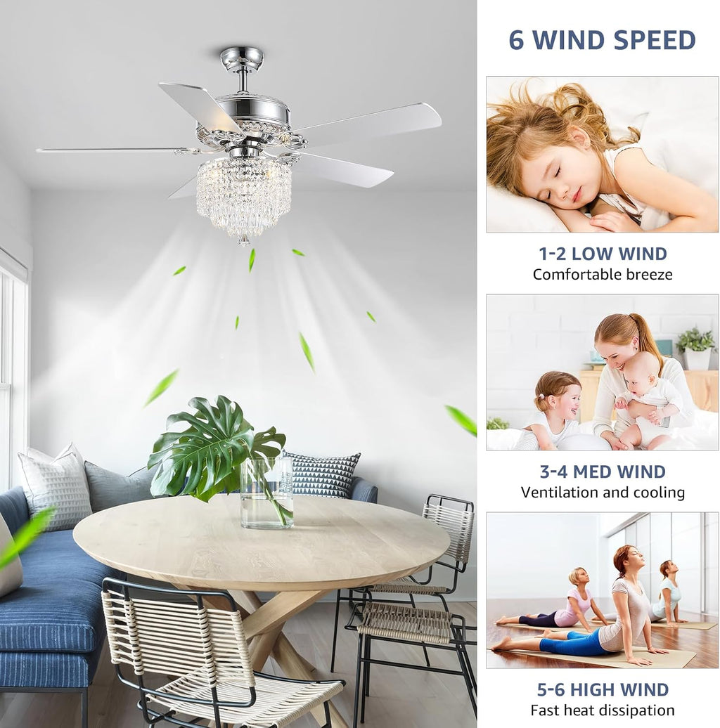 Crystal Ceiling Fan with Lights Modern Chandelier Fan with Remote Chrome Reversible Fan Light Fixture for Bedroom Dining Room 52'