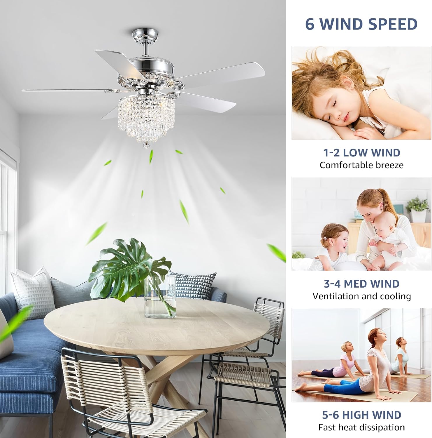 Crystal Ceiling Fan with Lights Modern Chandelier Fan with Remote Chrome Reversible Fan Light Fixture for Bedroom Dining Room 52'