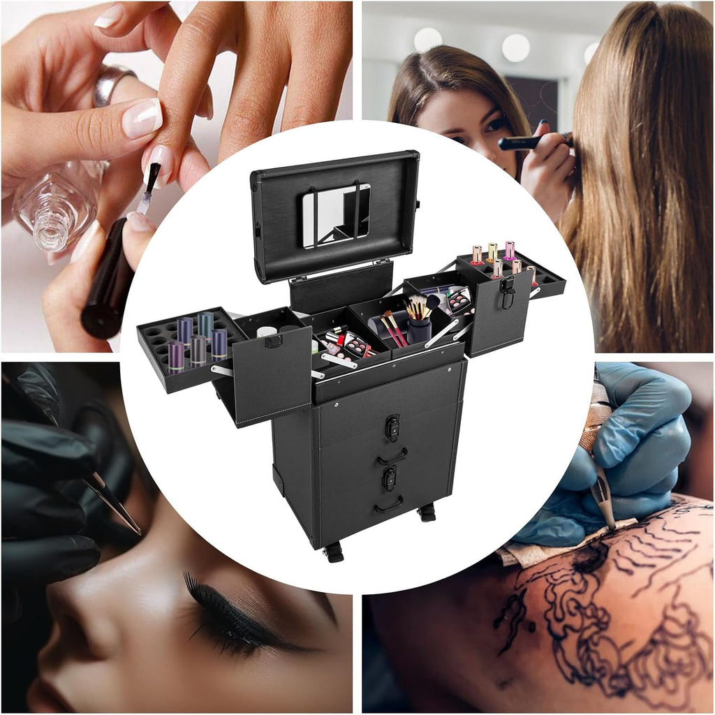 Professional Rolling Makeup Case Train Case Portable Cosmetic Organizer Trolley Lockable Rolling Make-ups Case Storage Cart Makeup Train Case Cosmetology Case On Wheels (Black|4 trays)