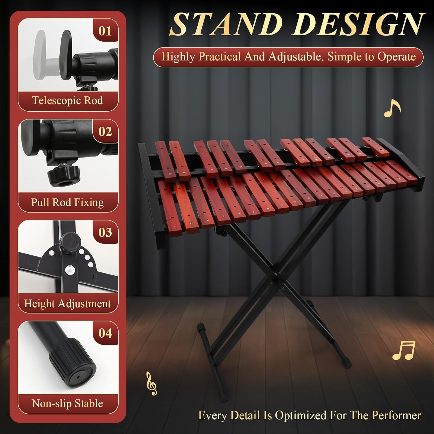 Marimba Xylophone 32 Key,with Mallets, Adjustable Stand,Carrying Case | Accurate tone;Made of solid wood;Waterproof protective case;Adjustable stand
