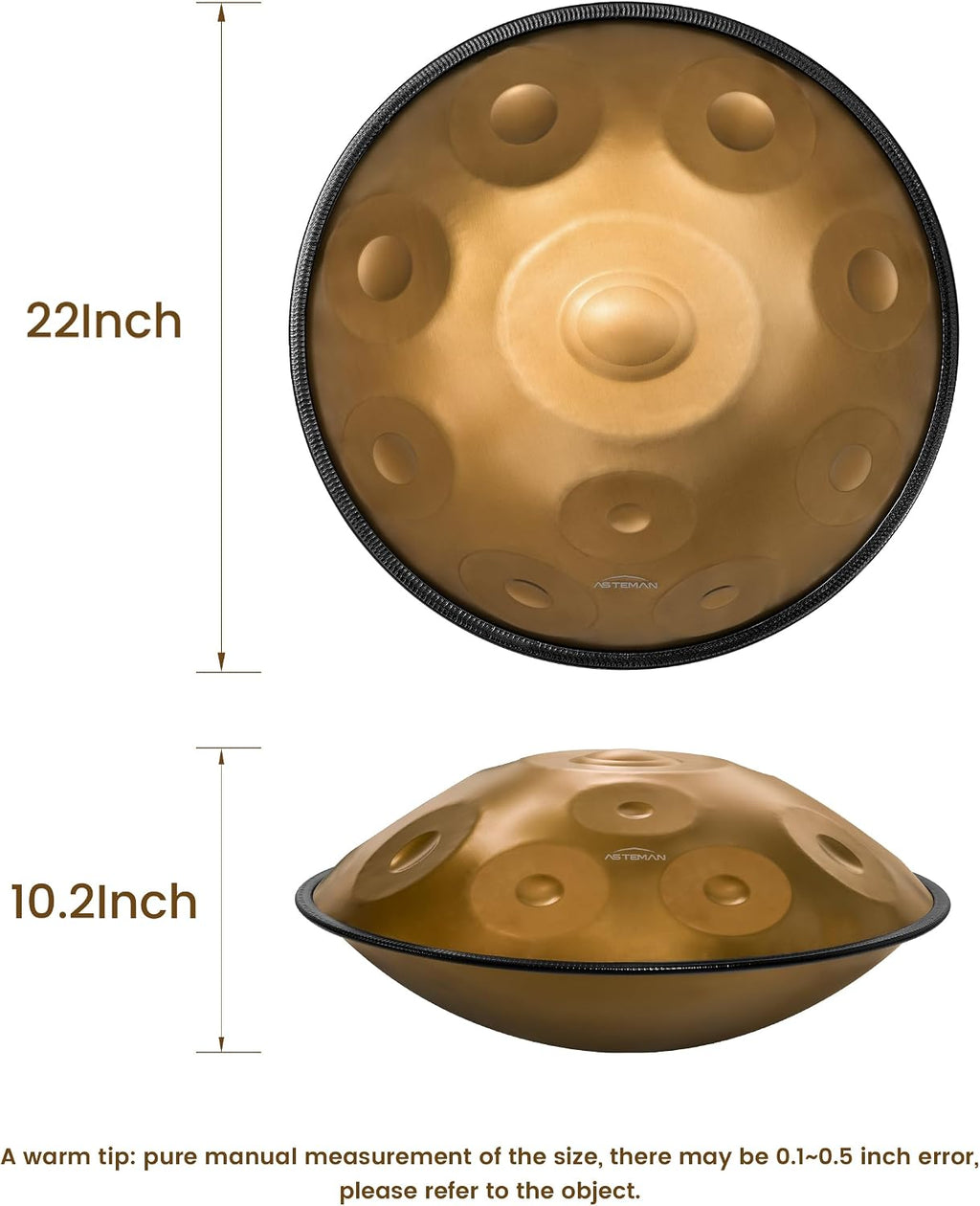 AS TEMAN HANDPAN,Handpan drum instrument in D Minor 10 Notes 440Hz 22 inches Steel Hand Drum with Soft Hand Pan Bag, 2 handpan mallet,Handpan Stand,dust-free cloth