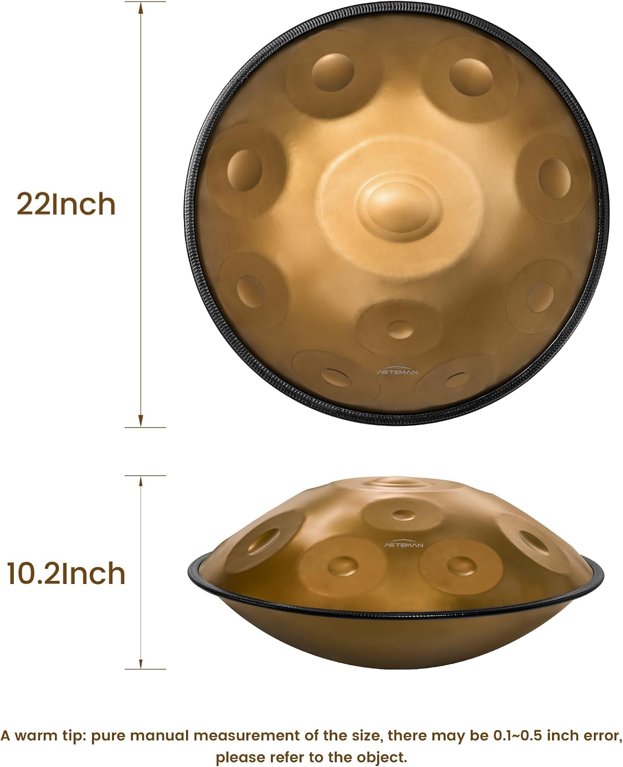 AS TEMAN HANDPAN,Handpan drum instrument in D Minor 10 Notes 440Hz 22 inches Steel Hand Drum with Soft Hand Pan Bag, 2 handpan mallet,Handpan Stand,dust-free cloth