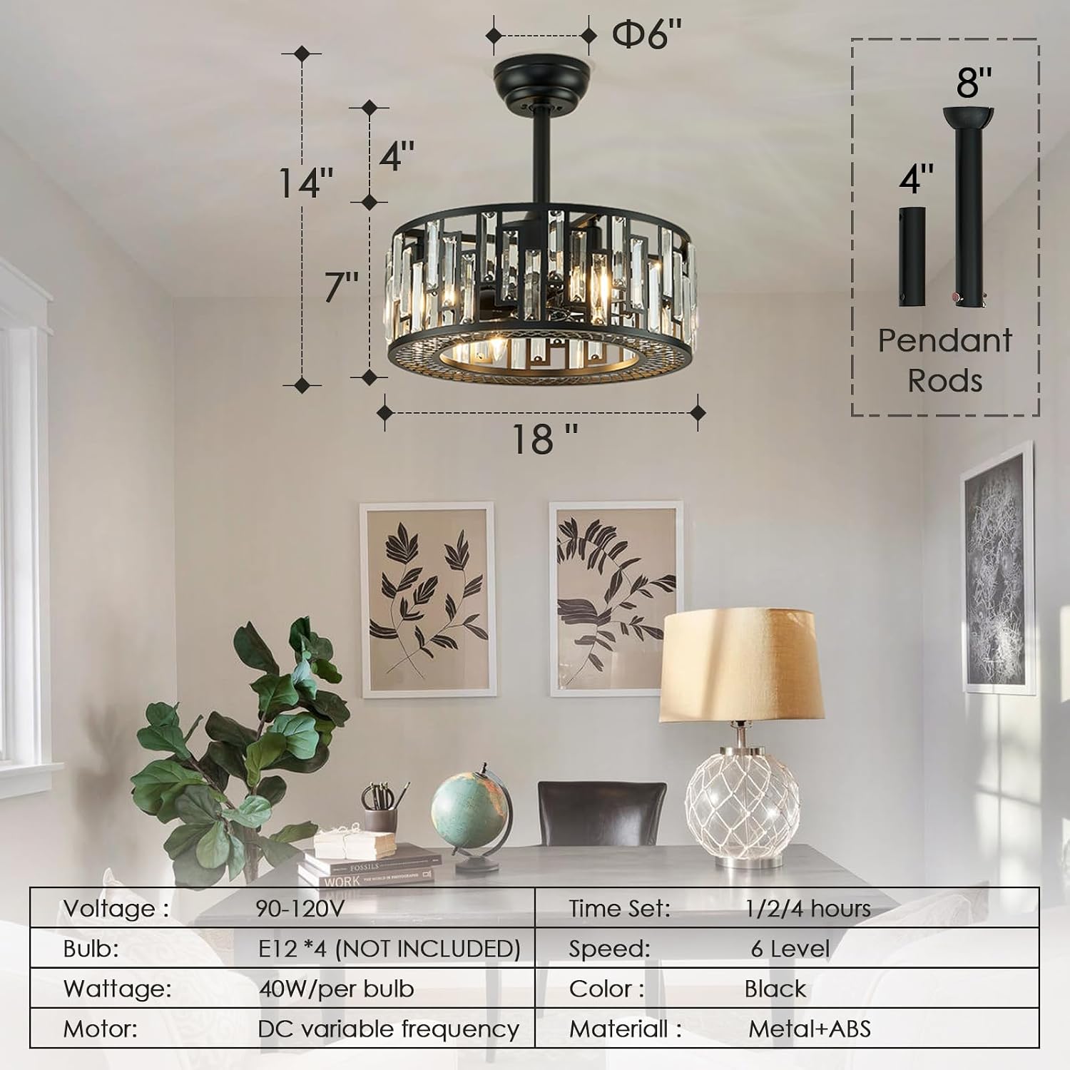 Crystal Caged Ceiling Fan Light Modern Black Fandelier with Remote Control Bladeless Ceiling Fan Lighting for Bedroom Dining Room Kitchen Living Room