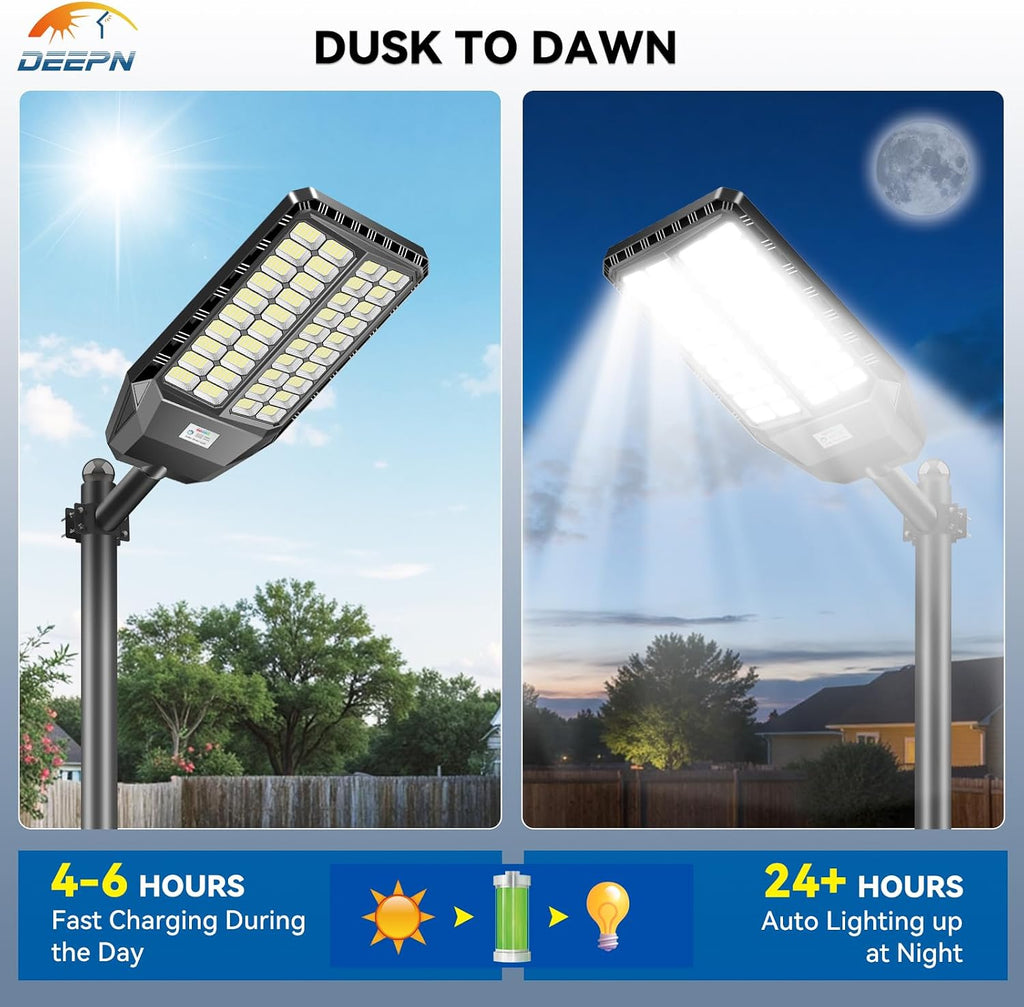 Deepn 10000W Solar Street Lights Outdoor, Commercial Solar Lights with Motion Sensor Outdoor Lighting & Dusk to Dawn Flood Light, IP67 Waterproof LED Lights for Yard, Street, Parking Lot, 2 Pack