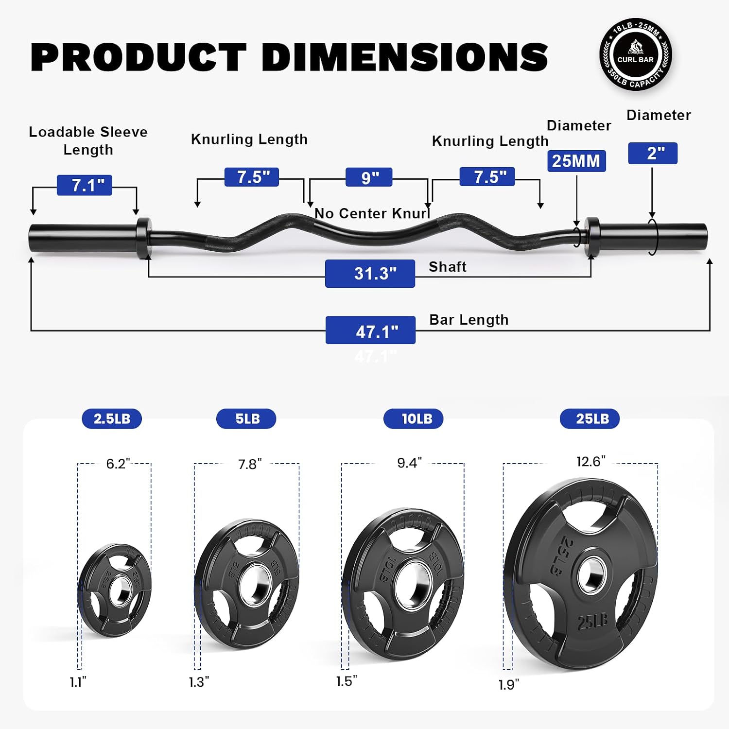 LIONSCOOL EZ Curl Bar Weight Set, 2 Inch Easy Curl Barbell with Weight Plates for Strength Training, Olympic Weightlifting, Squats, Curls, Deadlifts, Presses, Hip Thrusts, 350lbs/700lbs Weight Capacity