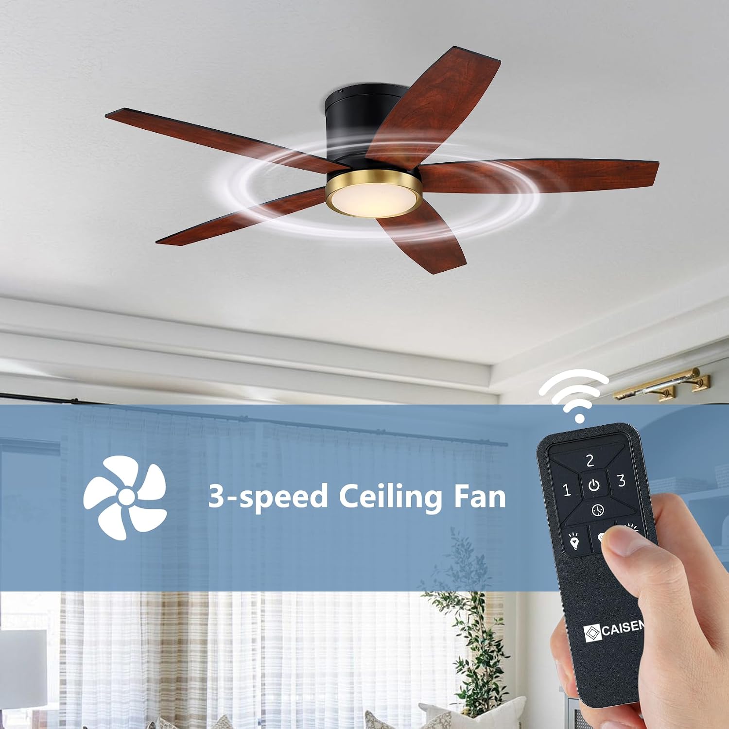 52 Inch Low Profile Ceiling Fan with Light and Remote, Black and Gold Flush Mount Ceiling Fan with Light, Indoor Modern Hugger Fan with Light Fixture and Timer Setting, 3CCT, Bedroom, Dining Room