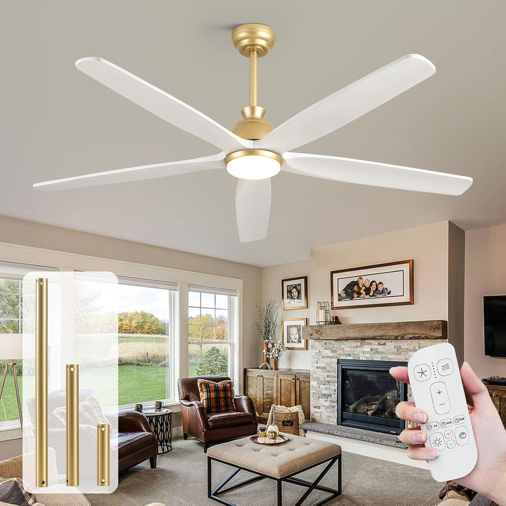60 Inch Outdoor Ceiling Fan with Lights and Remote, Modern Farmhouse Gold Brass Ceiling Fans, 5 White Solid Wood Blades, Quiet DC Motor, High CFM Airflow, Damp Rated for Patio Porch Large Room Indoor