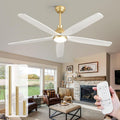 60 Inch Outdoor Ceiling Fan with Lights and Remote, Modern Farmhouse Gold Brass Ceiling Fans, 5 White Solid Wood Blades, Quiet DC Motor, High CFM Airflow, Damp Rated for Patio Porch Large Room Indoor