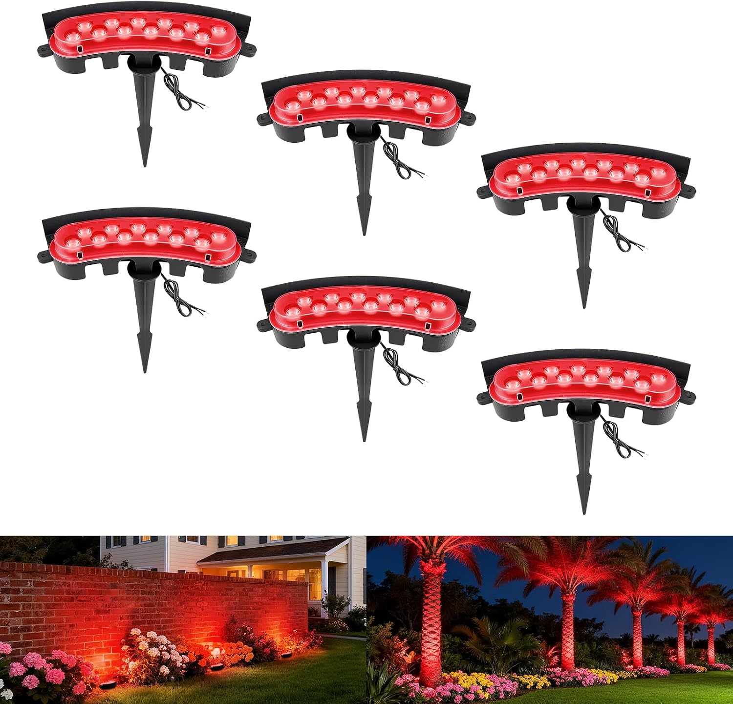 Red Color Flood Lights Low Voltage, 9W 12V LED Hard Wired Landscape Flood Wall Washer Lights Outdoor Waterproof for Uplighting Tree House, Super Bright, Aluminum, Black, 6Pack