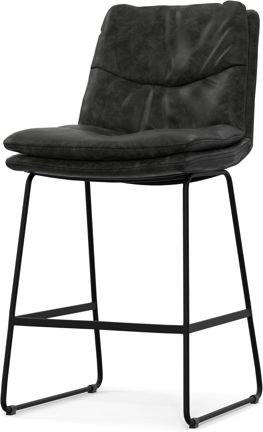 SIMPLIHOME Danika Counter Stools (Set of 2) - 24 Inch Seat Height Upholstered Metal Kitchen Seats in Distressed Charcoal Grey Vegan Faux Leather, Mid Century Seating with Tufted Design and Footrest