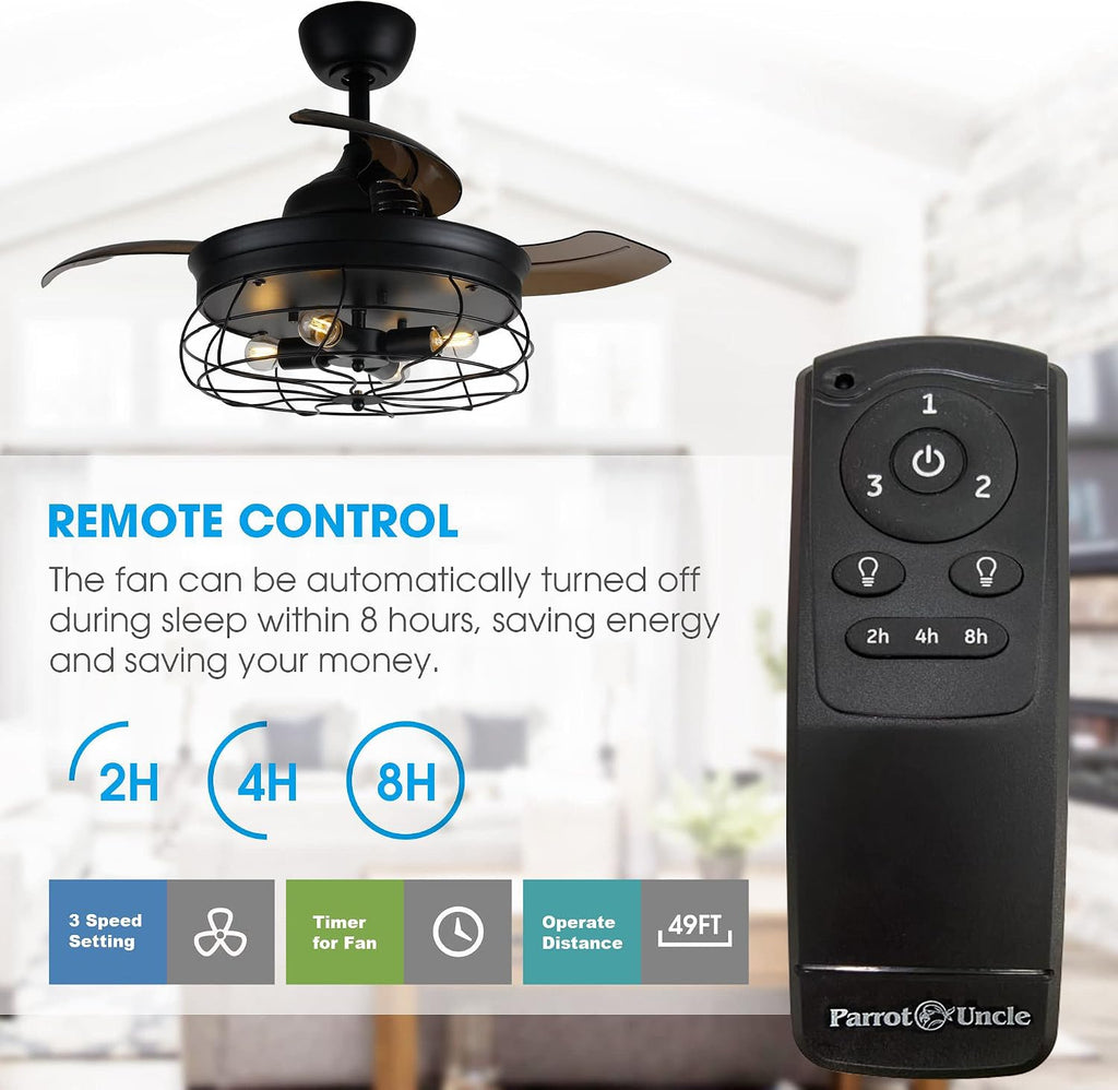 Parrot Uncle Ceiling Fans with Lights and Remote Black Bedroom Ceiling Fan with Light and Retractable Blades, 36 Inch