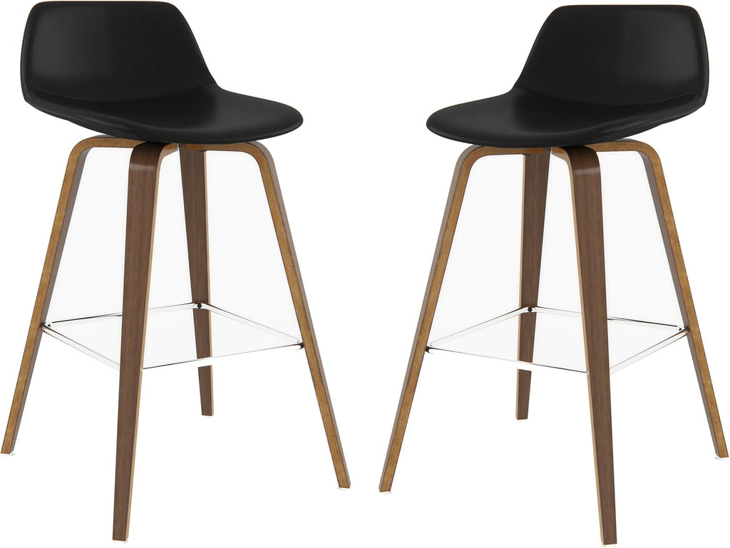 SIMPLIHOME Randolph Counter Stools (Set of 2) - 28 Inch Seat Height Upholstered Bentwood Bar Stools in Black Vegan Faux Leather, Mid Century Modern Seating with Curved Backrest and Chrome Footrest