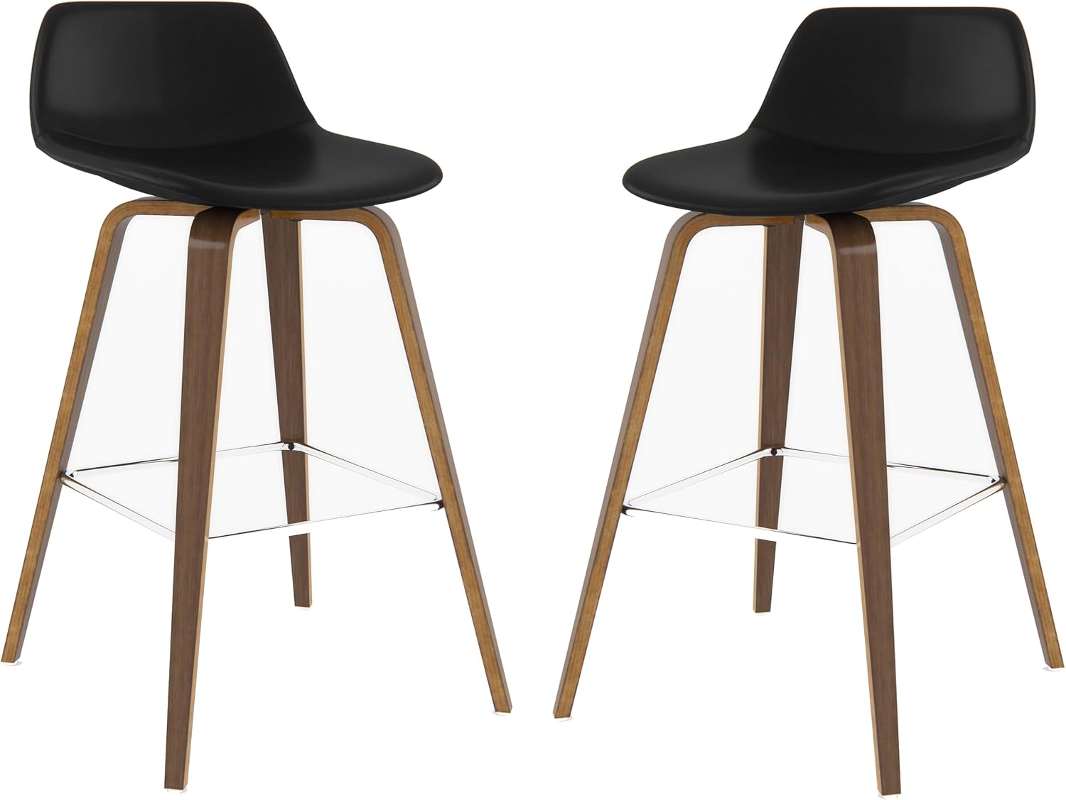 SIMPLIHOME Randolph Counter Stools (Set of 2) - 28 Inch Seat Height Upholstered Bentwood Bar Stools in Black Vegan Faux Leather, Mid Century Modern Seating with Curved Backrest and Chrome Footrest