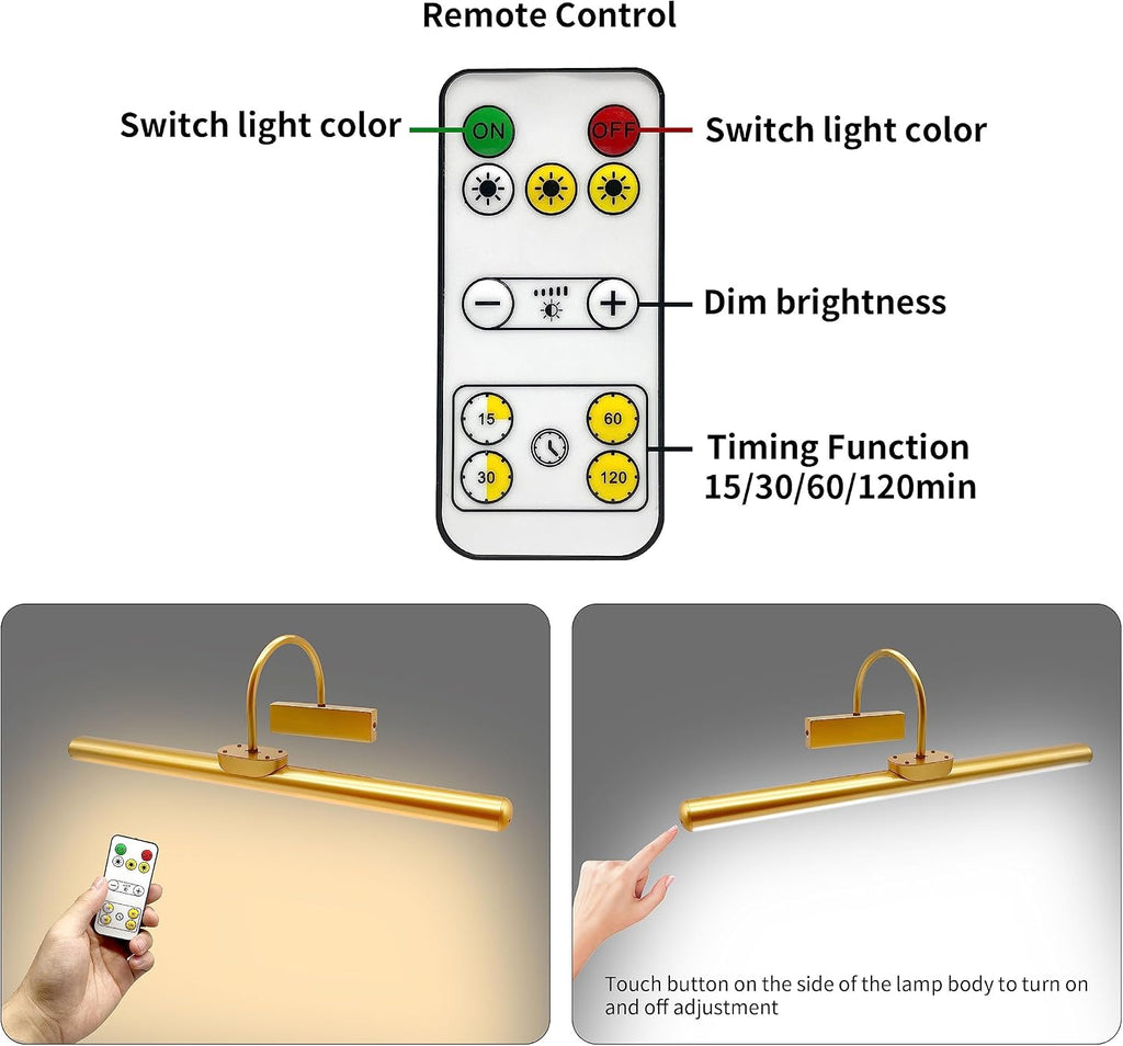 23' Wireless Picture Lights, Rechargeable Battery Art Display Light with Remote Control, Dimmable/Timer Off Dartboard Light, 3 Lighting Modes Full Metal Painting Display Lights (Gold-2Pack)