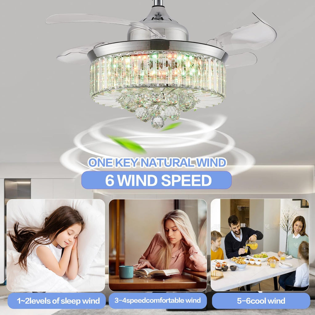 42' RGB Bluetooth Fandelier Ceiling Fan,Crystal LED Chandelier, Retractable Blades 6-Speed Music Player Remote APP Control Silver